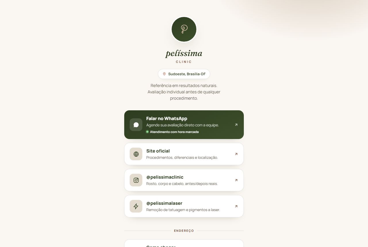 Página de link da bio da Pelíssima Clinic, com logo, endereço e botões para WhatsApp, site e Instagram