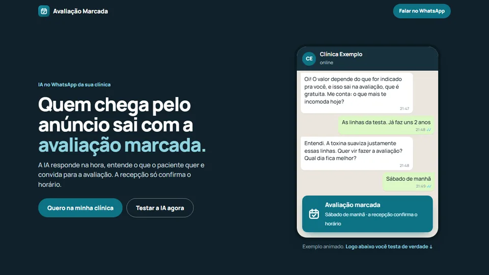 Página do Avaliação Marcada, com uma conversa de exemplo que termina na avaliação marcada