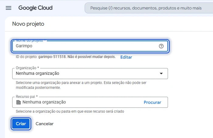 Tela Novo projeto do Google Cloud com o nome Garimpo e o botão Criar marcados
