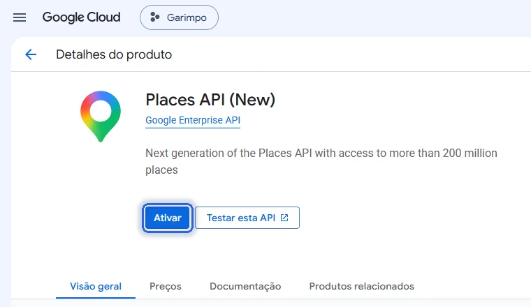 Página da Places API (New) com o botão Ativar marcado