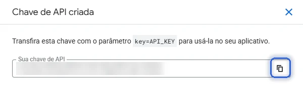 Chave de API criada, com o botão de copiar marcado