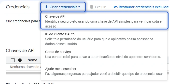Menu Criar credenciais aberto, com Chave de API marcada