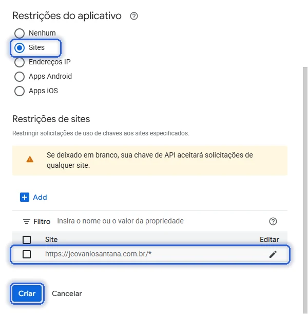 Restrição de Sites com o endereço jeovaniosantana.com.br e o botão Criar