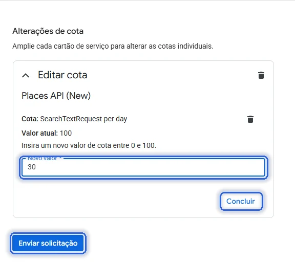 Edição da cota com o novo valor 30, Concluir e Enviar solicitação marcados